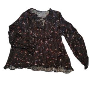 Olivaceous Flowy Ruffled Blouse Black Cuffed Sleeve Cottagecore Peasant Women L